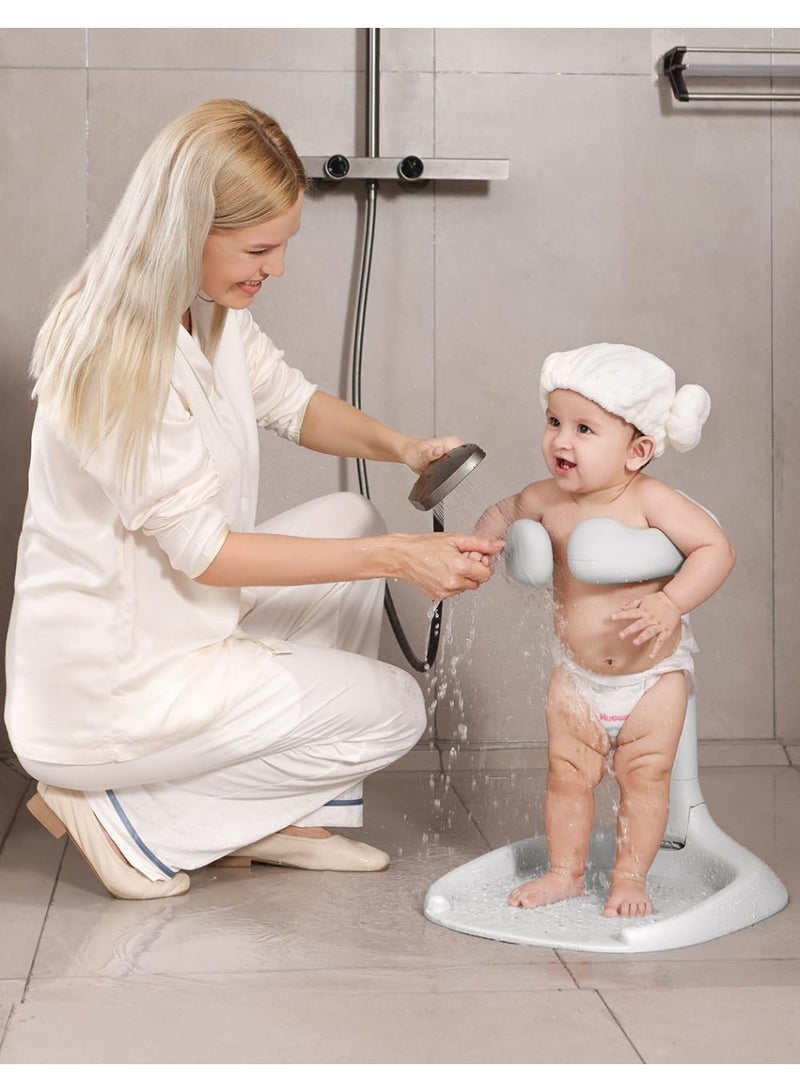 Baby Shower Stand, Baby Standing Bath with Anti-Pinch Adjustable Height and Armrest, Shower Standing Support with Anti-Slip Base and Mat for Infants 6-36 Months -Grey - Image 2